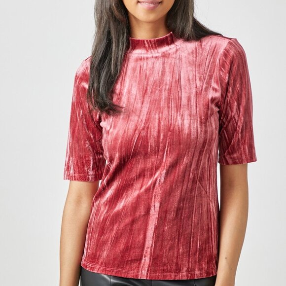 MYSTREE Velvet Mock Neck Short Sleeve Top, Dusty Rose Red, Soft Luxe Stretch - Picture 2 of 7